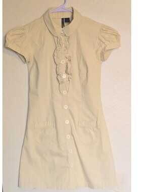Vintage Ruffle Front Puff Sleeve Button Down Shirt Dress Light Beige Sz M by Apo